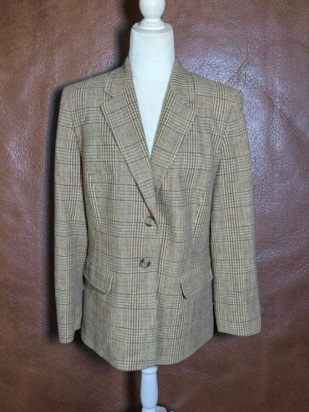 Vtg Talbots Tan Plaid Two-Button Long Wool/Cashmere Classic Quality Blazer Sz 12